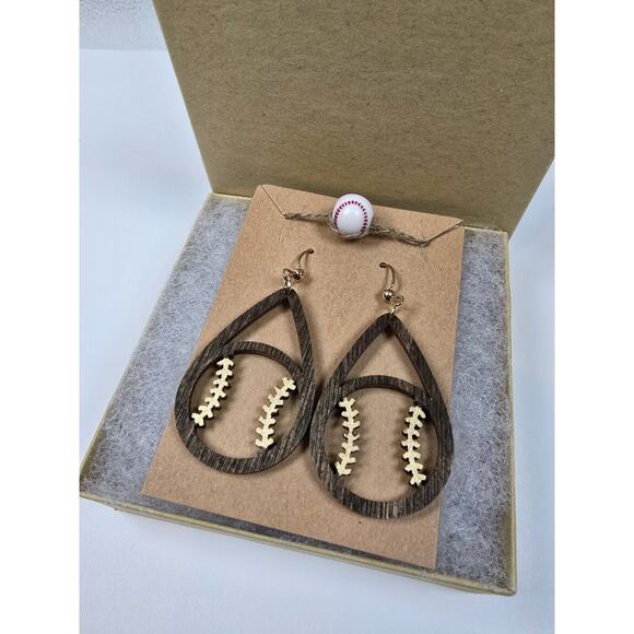 Baseball Teardrop Earrings Softball Fan Beautiful Real Wood Rich Gold Accent New - Picture 2 of 5